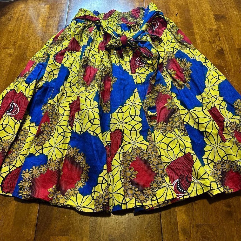 Sakkas Womens Boho Yellow and Blue Pleated Midi Skirt Pockets Free Size 2-12